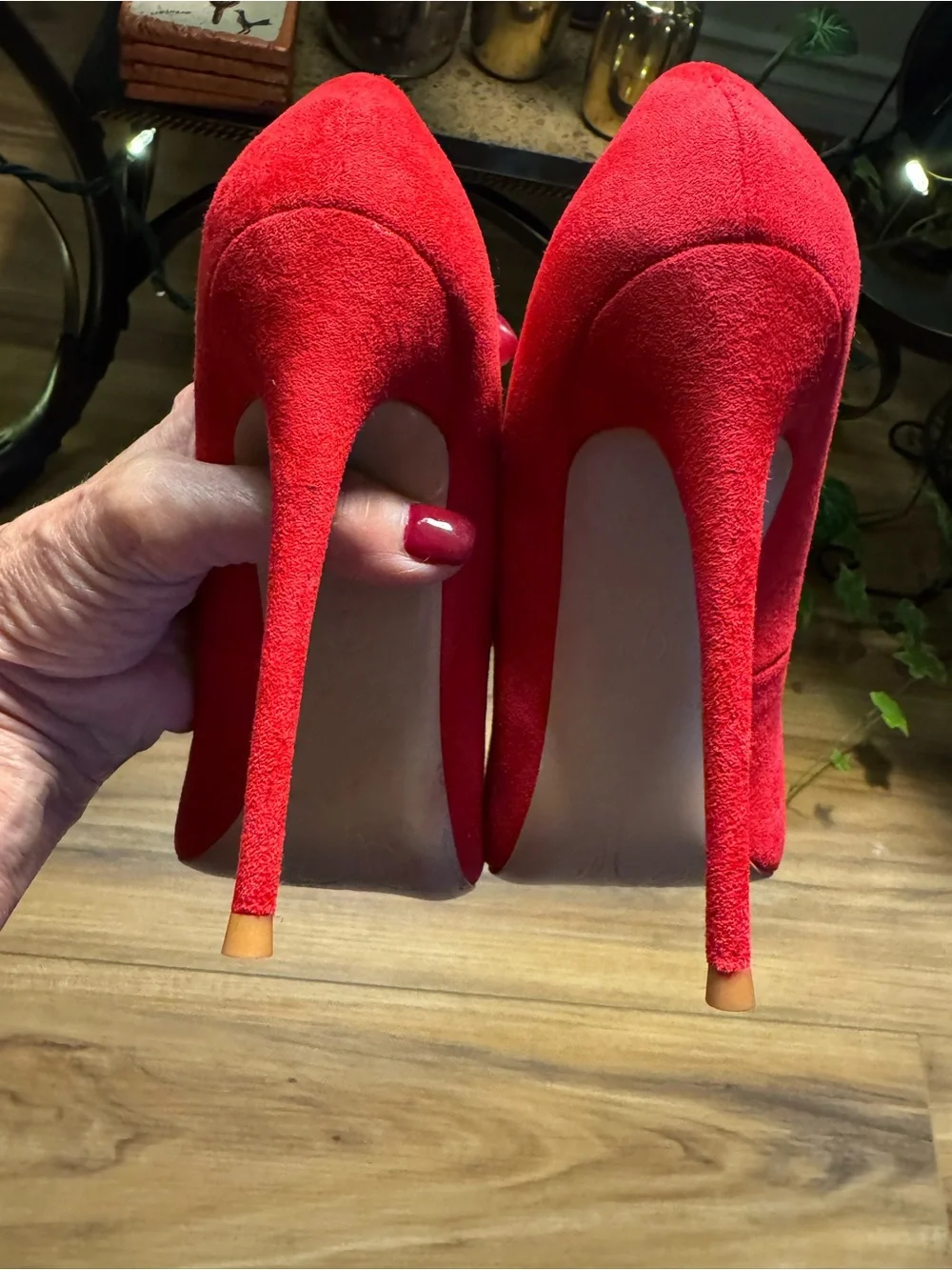 Red Pointed-Toe Faux Suede Stiletto Heels